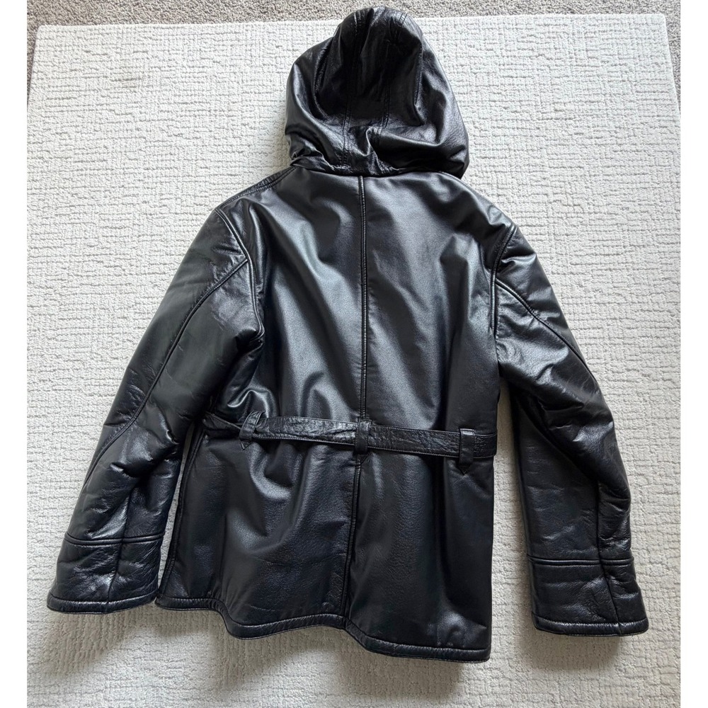 Wilsons Leather Hooded Jacket Womens Large Black Faux Fur Lined Belted Coat - Picture 13 of 13